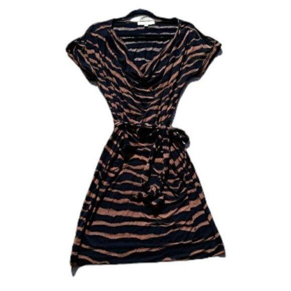 Vtg 90's Tiger Striped Draped Scoop Neck Batwing Tie Waist Dress Brown Blk Sz S - Picture 1 of 9
